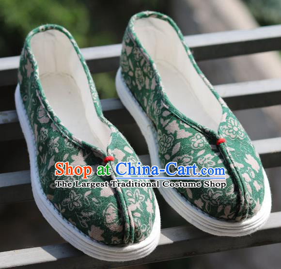 China National Country Woman Shoes Handmade Printing Flowers Green Flax Shoes