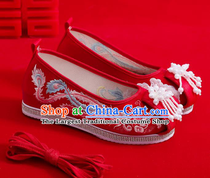 China National Embroidered Phoenix Shoes Pearls Tassel Hanfu Shoes Handmade Wedding Red Cloth Shoes