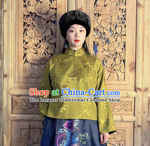 China Classical Peony Butterfly Pattern Olive Green Silk Blouse National Cheongsam Shirt