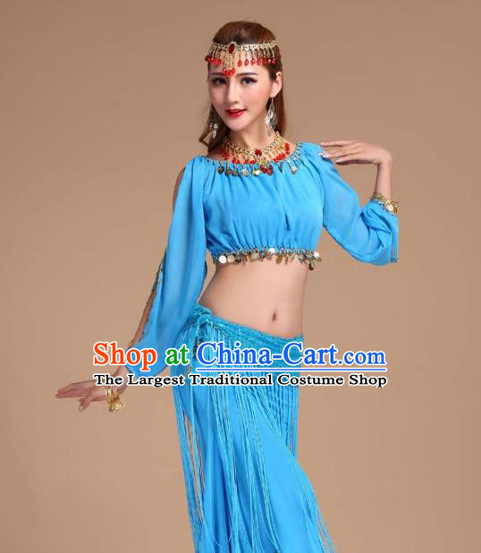 Indian Traditional Belly Dance Blue Tassel Skirt Outfits Asian India Folk Dance Oriental Dance Clothing