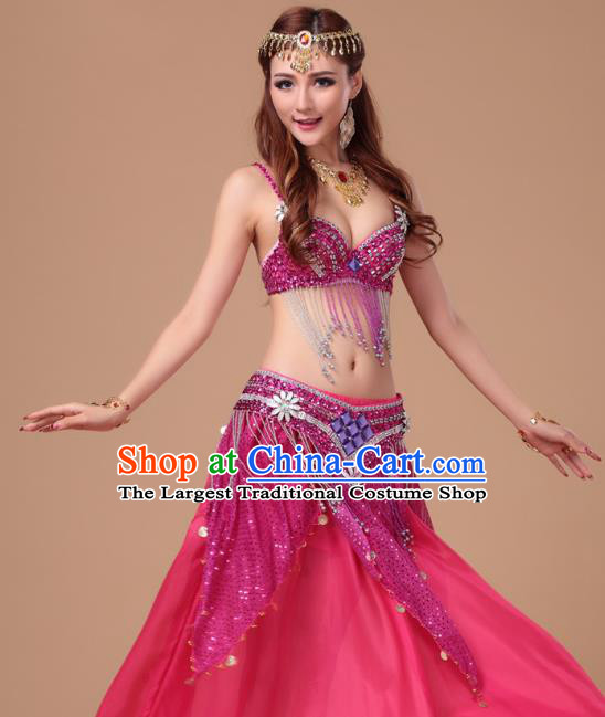 Top Asian Folk Dance Clothing Indian Belly Dance Sexy Bra and Rosy Skirt Uniforms