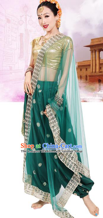 Top Indian Young Lady Blouse and Green Veil Pants India Folk Dance Stage Performance Costumes