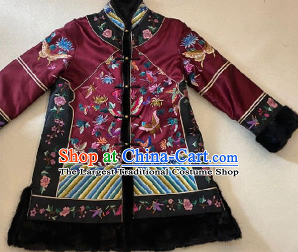 Chinese National Embroidered Butterfly Jacket Purple Silk Cotton Wadded Coat Costume