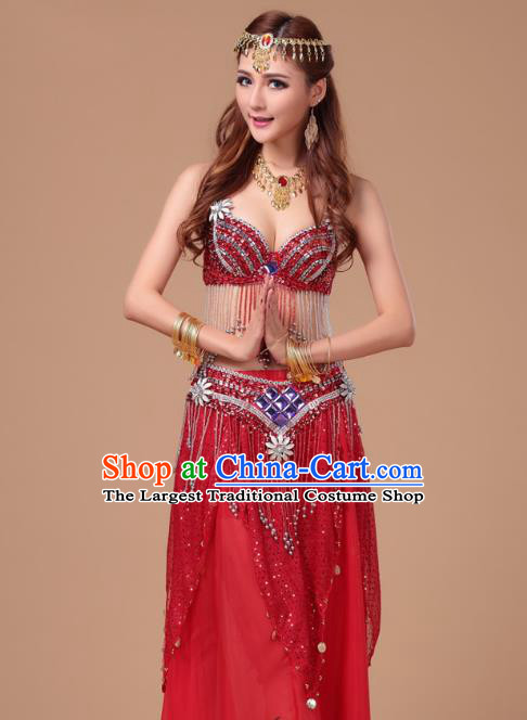 Top Indian Belly Dance Stage Performance Sexy Bra and Red Skirt Uniforms Asian Oriental Dance Clothing