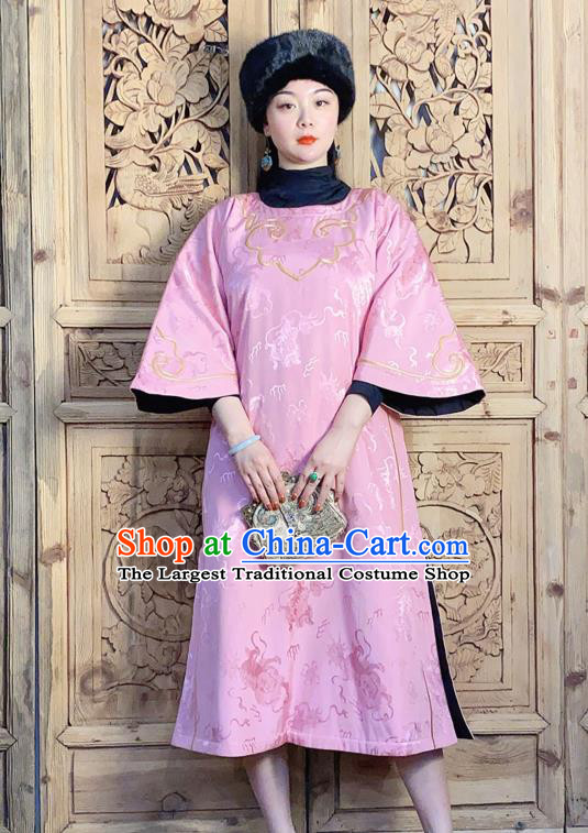 China Classical Wide Sleeve Cheongsam Traditional Embroidered Pink Silk Qipao Dress National Women Clothing