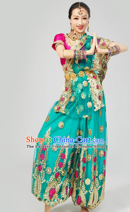 Top India Folk Dance Costumes Indian Stage Performance Uniforms Rosy Blouse and Green Pants