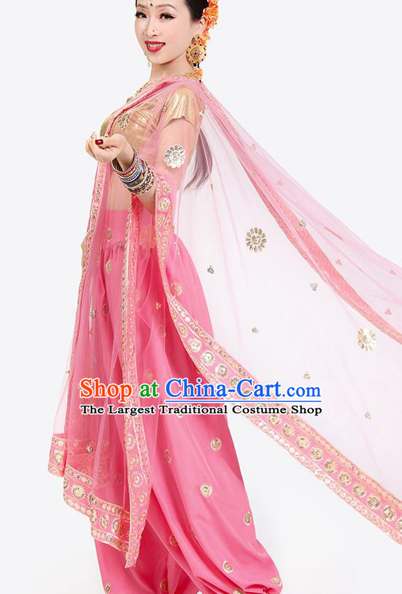 Top India Folk Dance Stage Performance Costumes Indian Young Lady Golden Blouse and Pink Pants