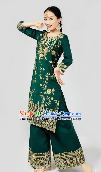 India Traditional Embroidered Punjab Clothing Asian Indian Female Dance Costumes Green Blouse and Loose Pants