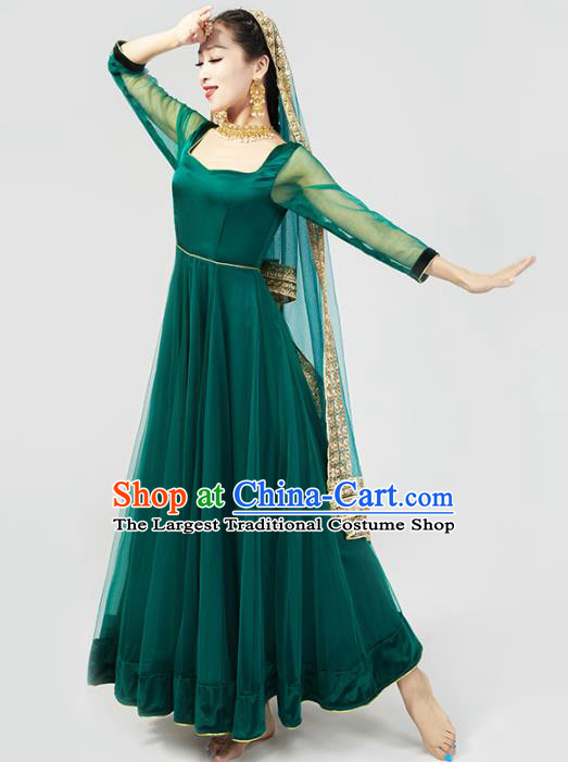 Asian Indian Deep Green Satin Anarkali Dress India Traditional Stage Performance Clothing