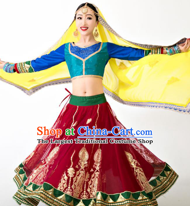 Indian Blue Top and Red Skirt Asian India Bollywood Dance Clothing Traditional Lehenga Clothing