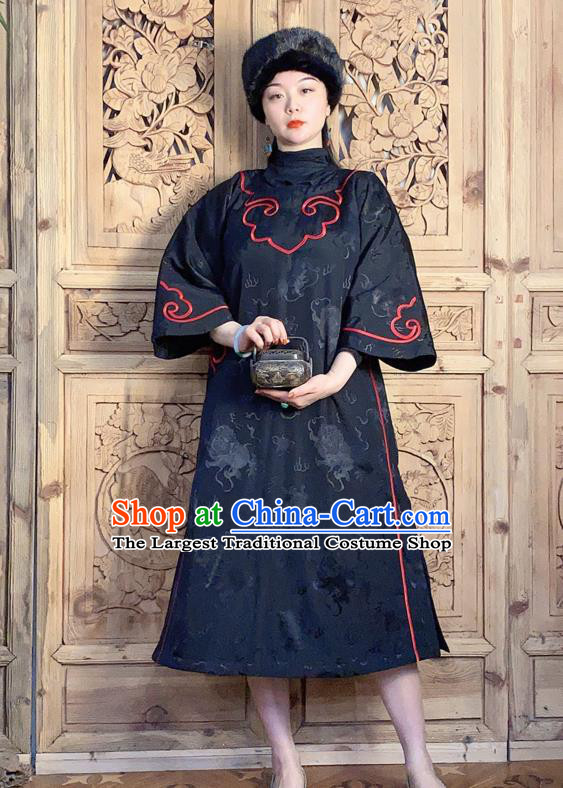 China Black Silk Qipao Dress Traditional Women Embroidered Clothing Classical Wide Sleeve Cheongsam