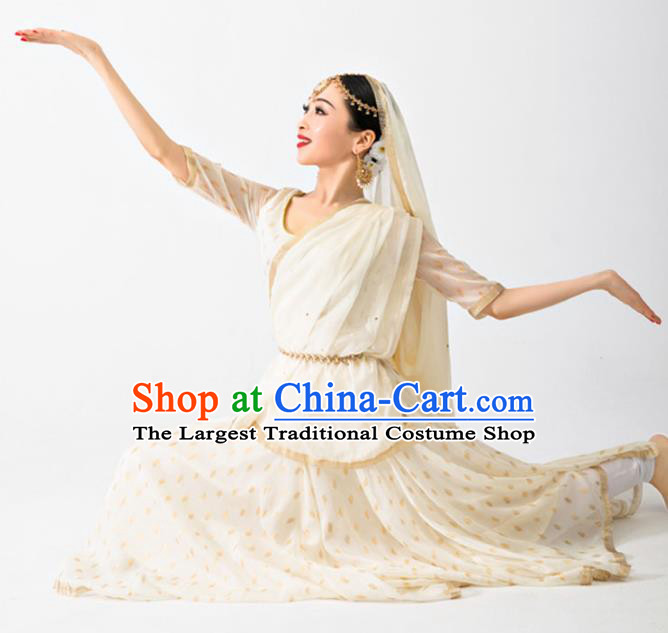 Asian India Anarkali Uniforms Traditional Folk Dance Clothing Indian Stage Performance Beige Dress