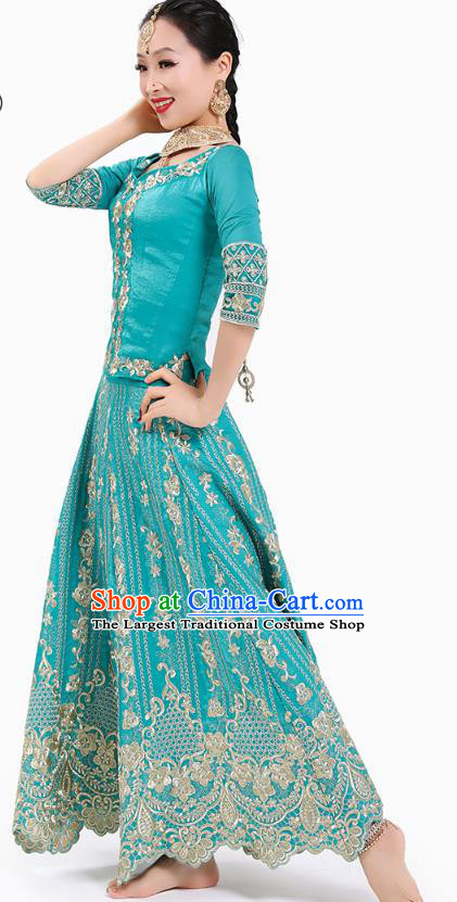 Indian Stage Performance Costumes Court Dance Blue Blouse and Skirt Asian India Traditional Embroidered Lehenga Clothing