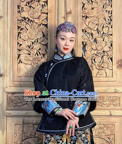 Chinese Traditional Tang Suit Outer Garment Short Coat Hand Embroidery Black Silk Cotton Wadded Jacket