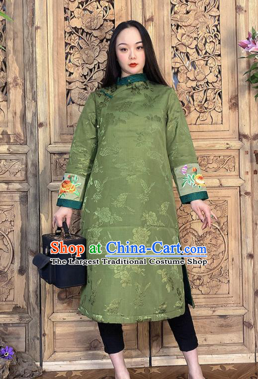 Chinese Embroidery Green Silk Long Gown Traditional Tang Suit Outer Garment Dust Coat