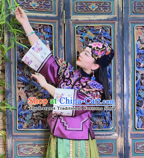 Chinese National Tang Suit Outer Garment Traditional Embroidered Purple Silk Jacket