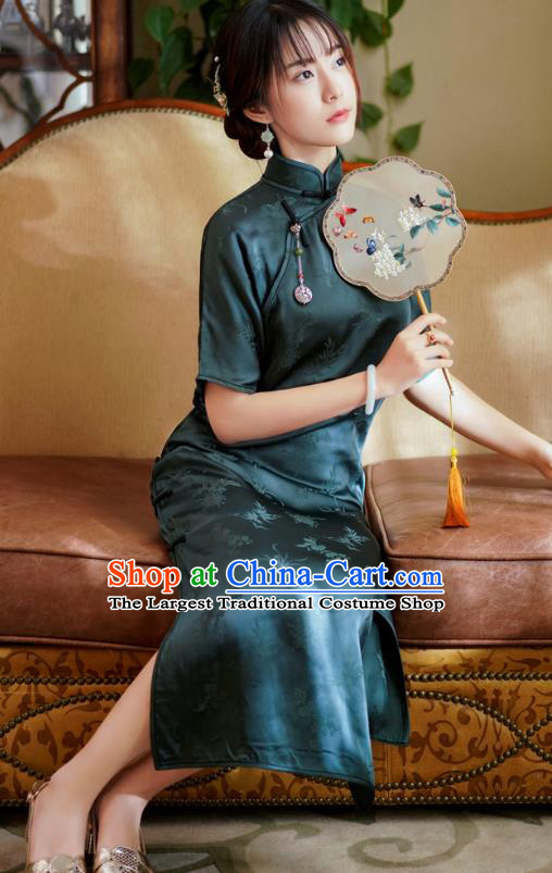 China Young Lady Cheongsam Classical Atrovirens Silk Qipao Dress National Women Costume