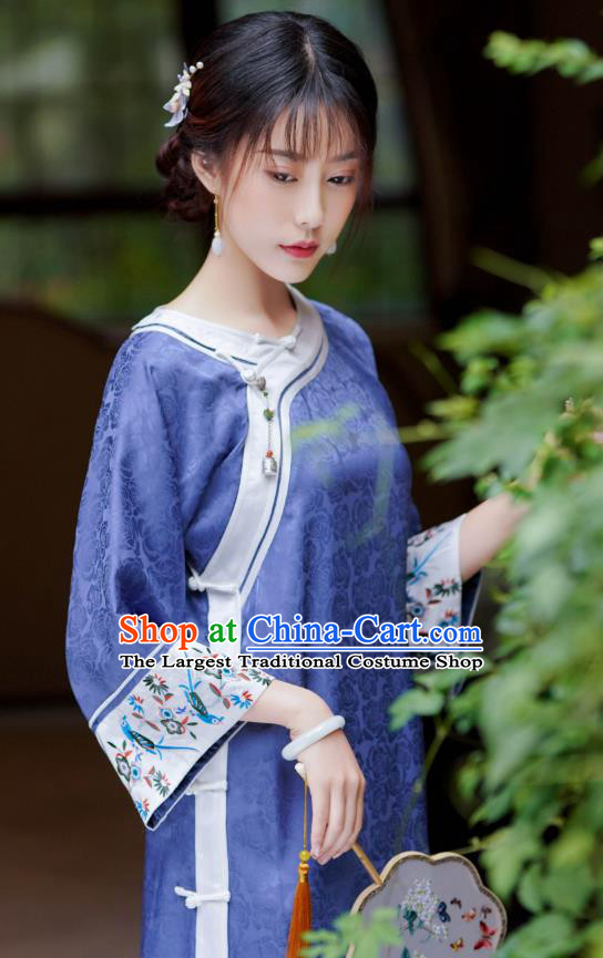 China National Young Women Clothing Traditional Deep Blue Silk Cheongsam Classical Slant Opening Qipao Dress