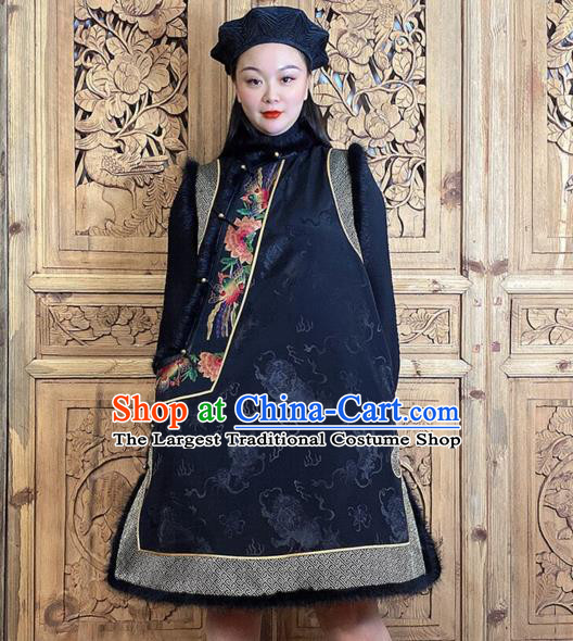 Chinese Cotton Wadded Waistcoat Traditional Tang Suit Clothing Woman Embroidered Black Silk Long Vest