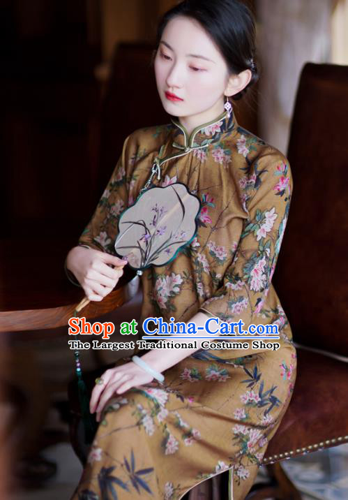 Republic of China Traditional Printing Flowers Deep Brown Qipao Dress Classical Young Beauty Cheongsam