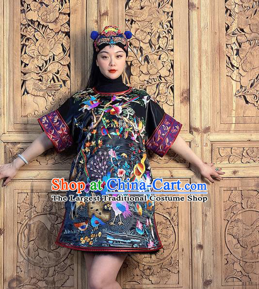 China National Ethnic Girl Costume Hand Embroidered Black Silk Short Dress