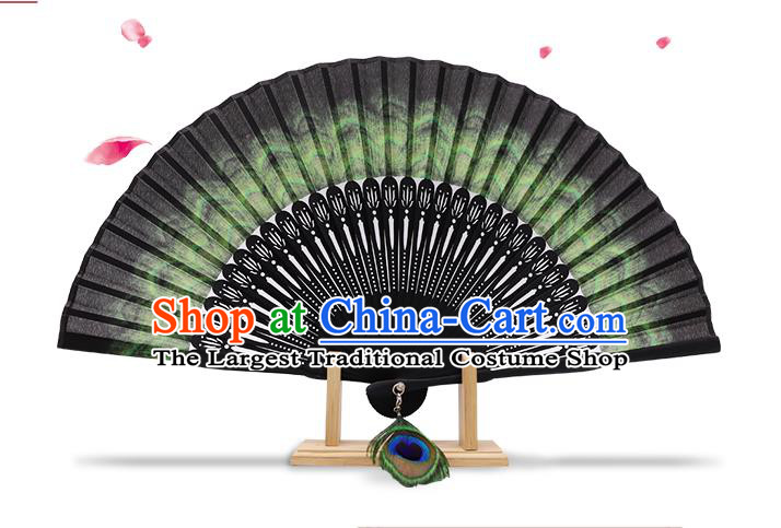 Chinese Handmade Folding Fan Classical Peacock Feather Pattern Fan Silk Accordion