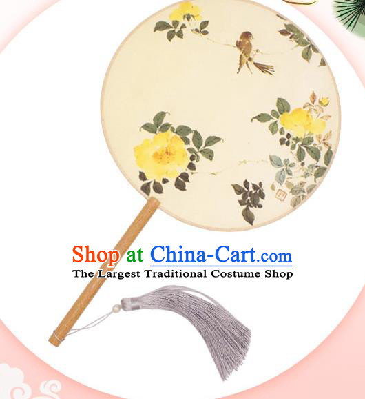 China Classical Circular Fan Handmade Printing Peony Bird Beige Silk Fan Traditional Palace Fan