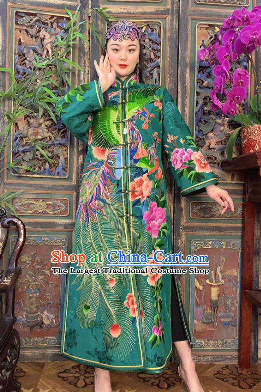 Chinese Embroidered Dust Coat Traditional Embroidered Green Silk Long Gown Clothing