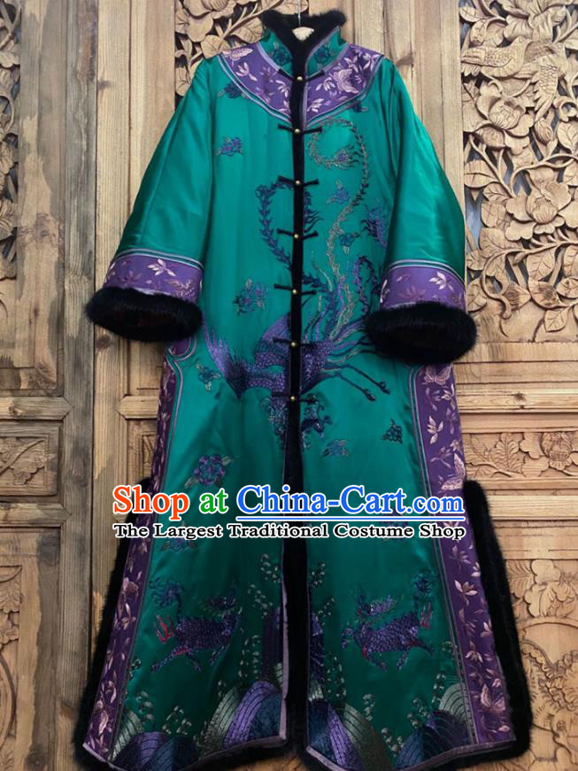 Chinese Winter Green Silk Outer Garment Traditional National Women Clothing Embroidered Phoenix Dust Coat