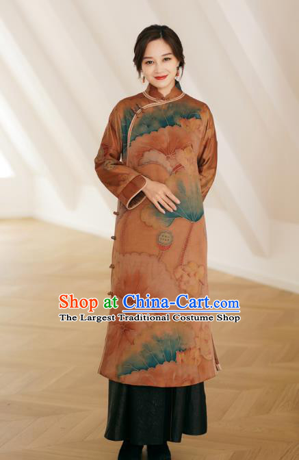 China Women Winter Silk Clothing Tang Suit Outer Garment National Hand Painting Lotus Brown Dust Coat