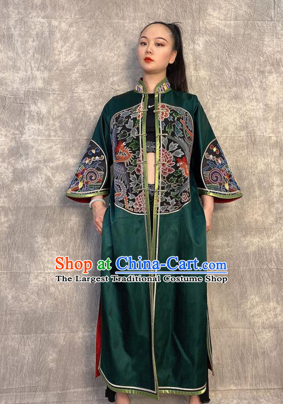 Chinese Embroidered Dragon Deep Green Silk Dust Coat Traditional National Costume Tang Suit Overcoat