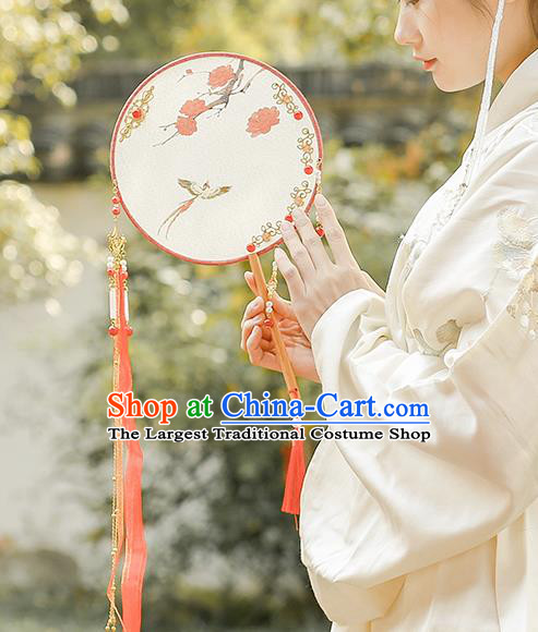 China Classical Circular Silk Fan Handmade Red Ribbon Tassel Palace Fan Traditional Ming Dynasty Princess Fan