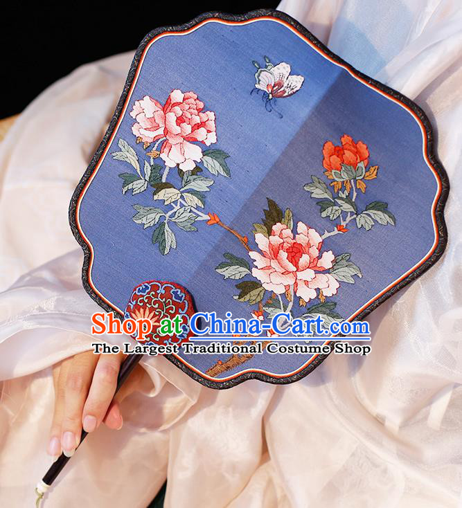 China Handmade Palace Fan Classical Peony Pattern Blue Silk Fan Traditional Ming Dynasty Hanfu Fan