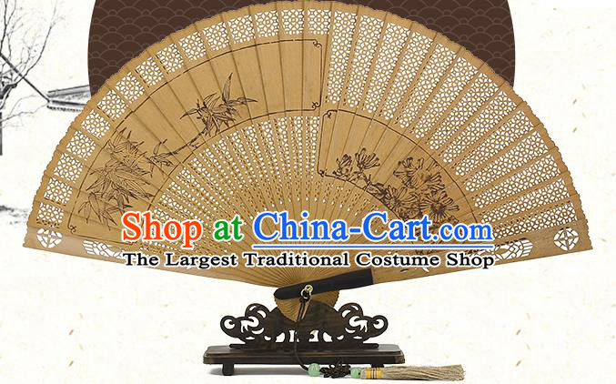 Chinese Ink Painting Bamboo Chrysanthemum Folding Fan Traditional Kung Fu Fan Handmade Sandalwood Fan