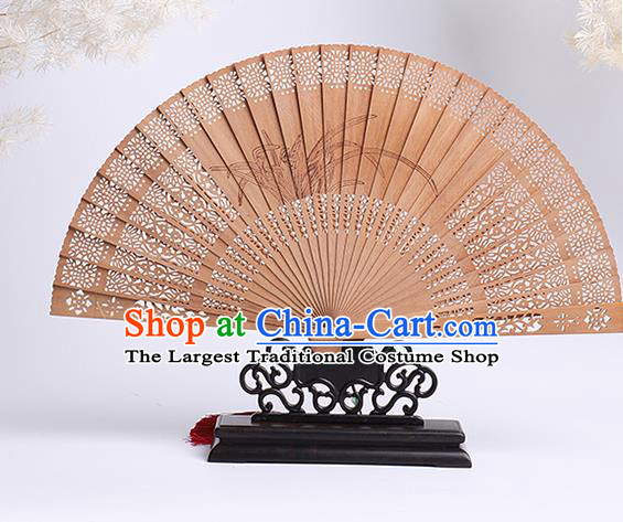 Chinese Classical Printing Orchids Folding Fan Hollow Sandalwood Accordion Handmade Fan Craft