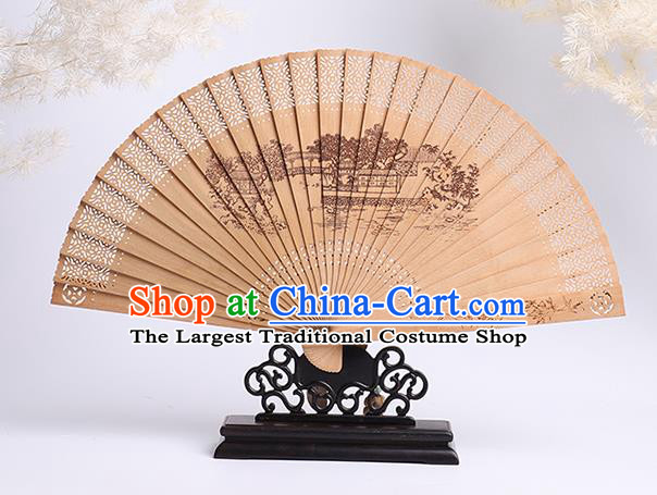 Chinese Handmade Sandalwood Accordion Printing Jiangnan View Fan Craft Classical Folding Fan