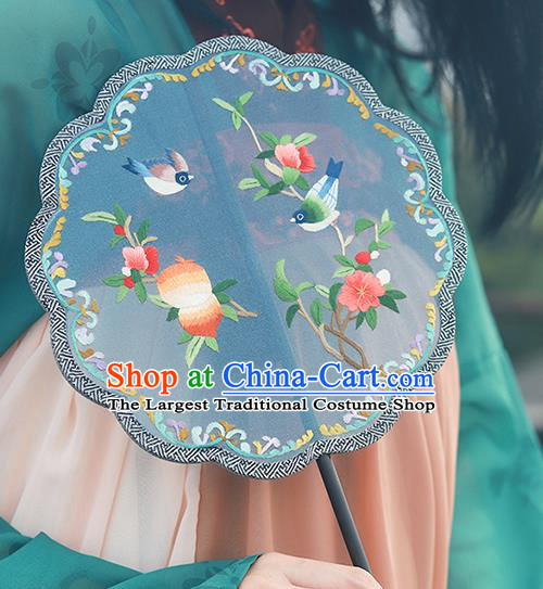 China Traditional Song Dynasty Wedding Fan Classical Blue Silk Fan Handmade Embroidered Palace Fan