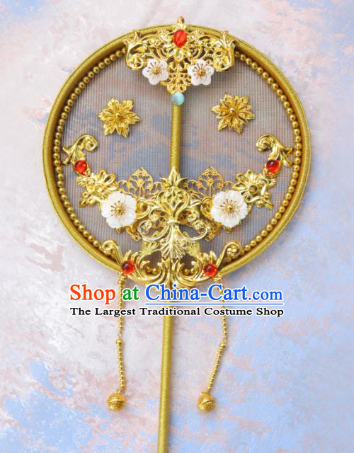 China Traditional Wedding Golden Circular Fan Handmade Palace Fan Classical Hanfu Fan