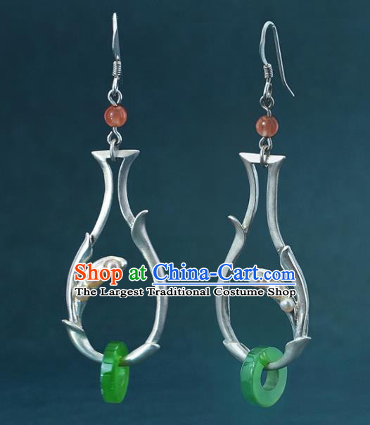 China Traditional Cheongsam Silver Vase Earrings Handmade Jadeite Ring Ear Accessories