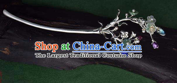 Chinese National Cheongsam Jade Plum Blossom Hair Stick Traditional Hair Accessories Handmade Silver Pearls Hairpin