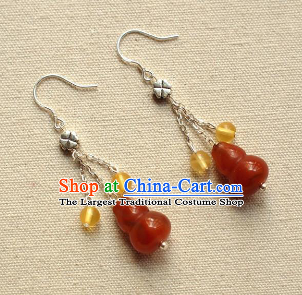 China Handmade Silver Ear Accessories Traditional Cheongsam Agate Gourd Earrings