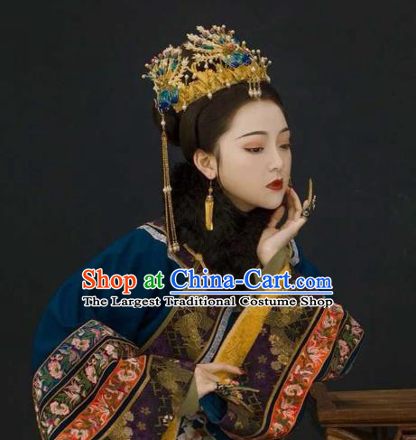 Chinese Qing Dynasty Queen Hair Accessories Ancient Imperial Concubine Blueing Phoenix Coronet