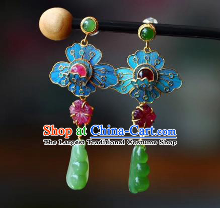 China Traditional Qing Dynasty Court Jadeite Earrings Handmade Tourmaline Ear Accessories