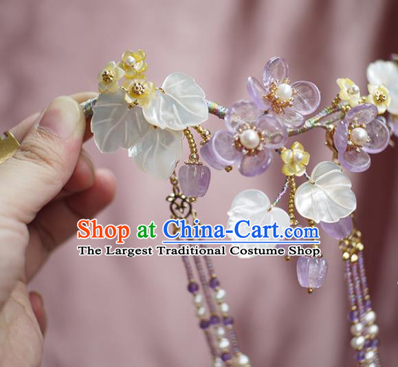 Chinese Ancient Palace Lady Shell Leaf Tassel Hairpin Traditional Song Dynasty Amethyst Flowers Hair Stick