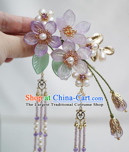 Chinese Ancient Princess Purple Tassel Hairpin Traditional Ming Dynasty Amethyst Grandiflorum Hair Stick