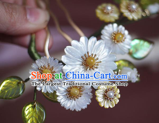 Chinese Ancient Palace Lady Pearls Hairpin Traditional Ming Dynasty Shell Daisy Hair Comb