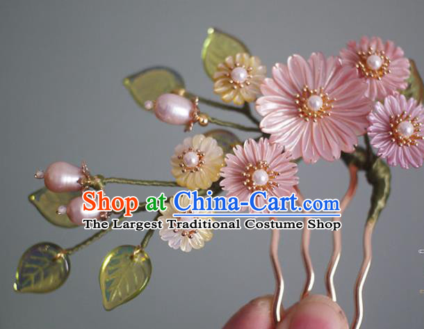 Chinese Ancient Princess Pearls Hairpin Traditional Ming Dynasty Pink Shell Daisy Hair Comb