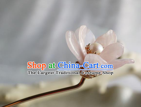 Chinese Ancient Young Beauty Hairpin Traditional Ming Dynasty Rose Quartz Mangnolia Hair Stick