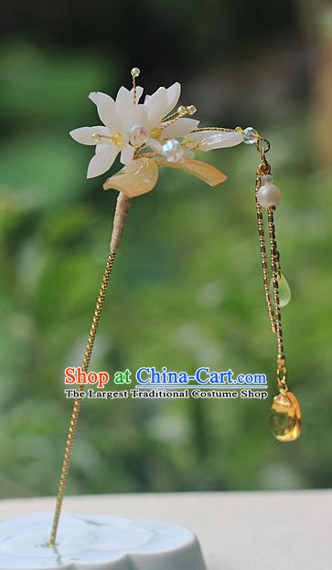 Chinese Traditional Ming Dynasty Flowers Hair Stick Ancient Young Lady Topaz Tassel Hairpin