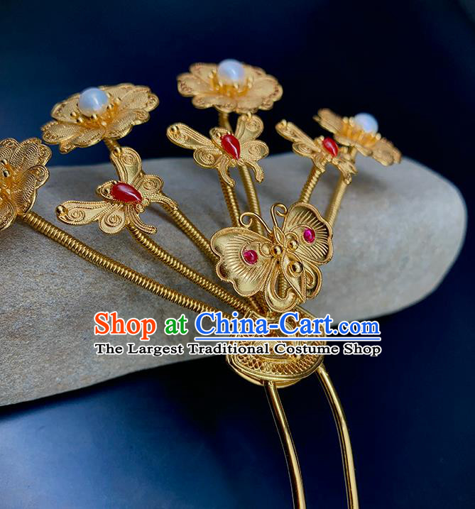 Chinese Traditional Ming Dynasty Wedding Pearls Hairpin Ancient Empress Golden Butterfly Hair Stick